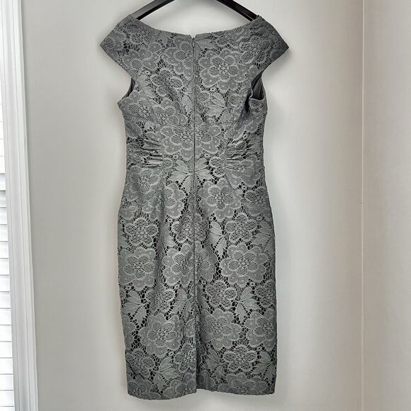 Adrianna Papell Gray Lace Sheath Dress Sz 8 Formal Cocktail Wedding Fitted - Picture 8 of 11